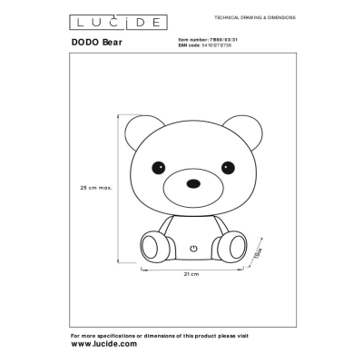 lafabryka.pl DODO Bear - Lampa stołowa dziecięca - LED Dim. - 1x3W - 3 StepDim - White 71590/03/31 Lucide